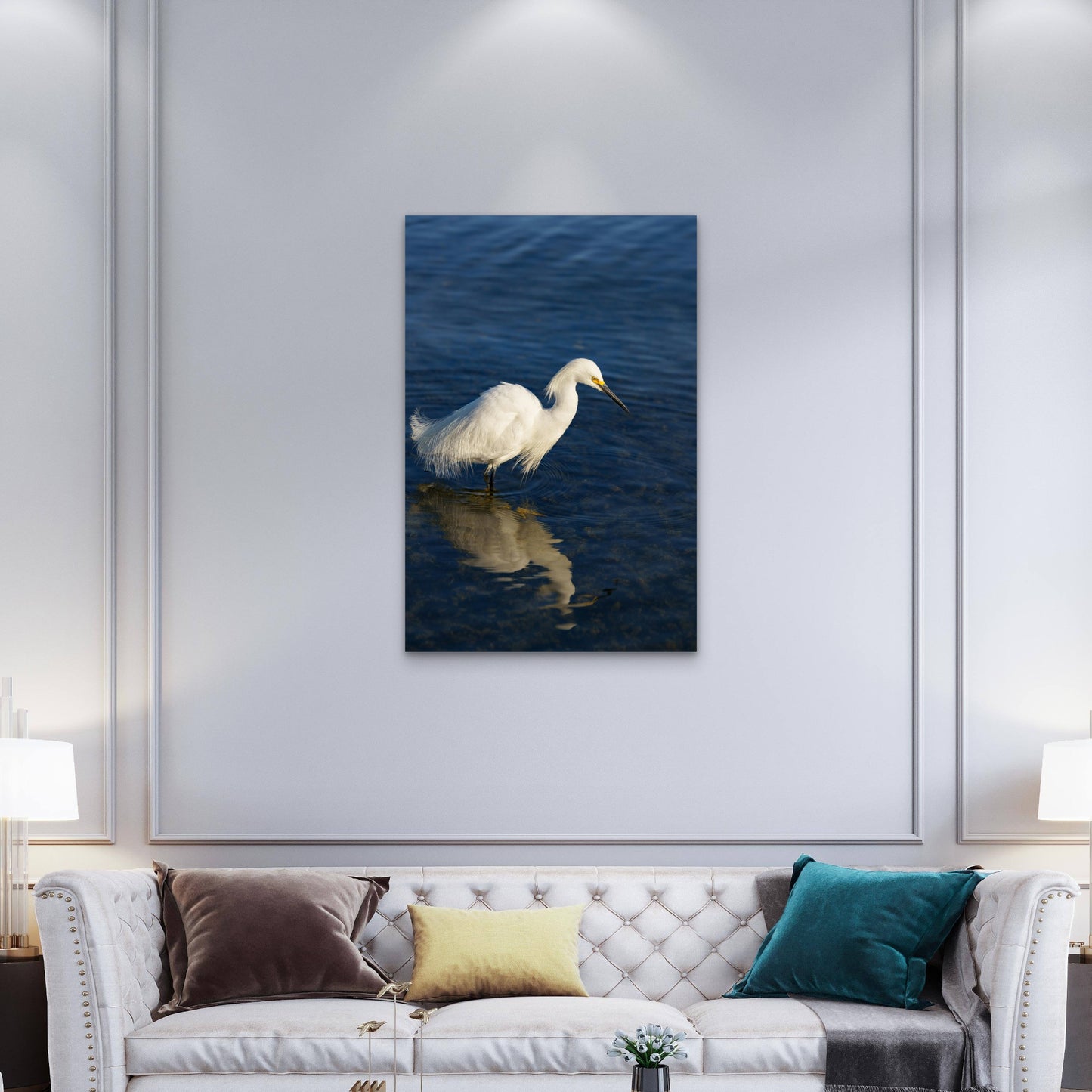Snowy Egret on Water During Daytime 60x90cm Metal Print Ready to Hang