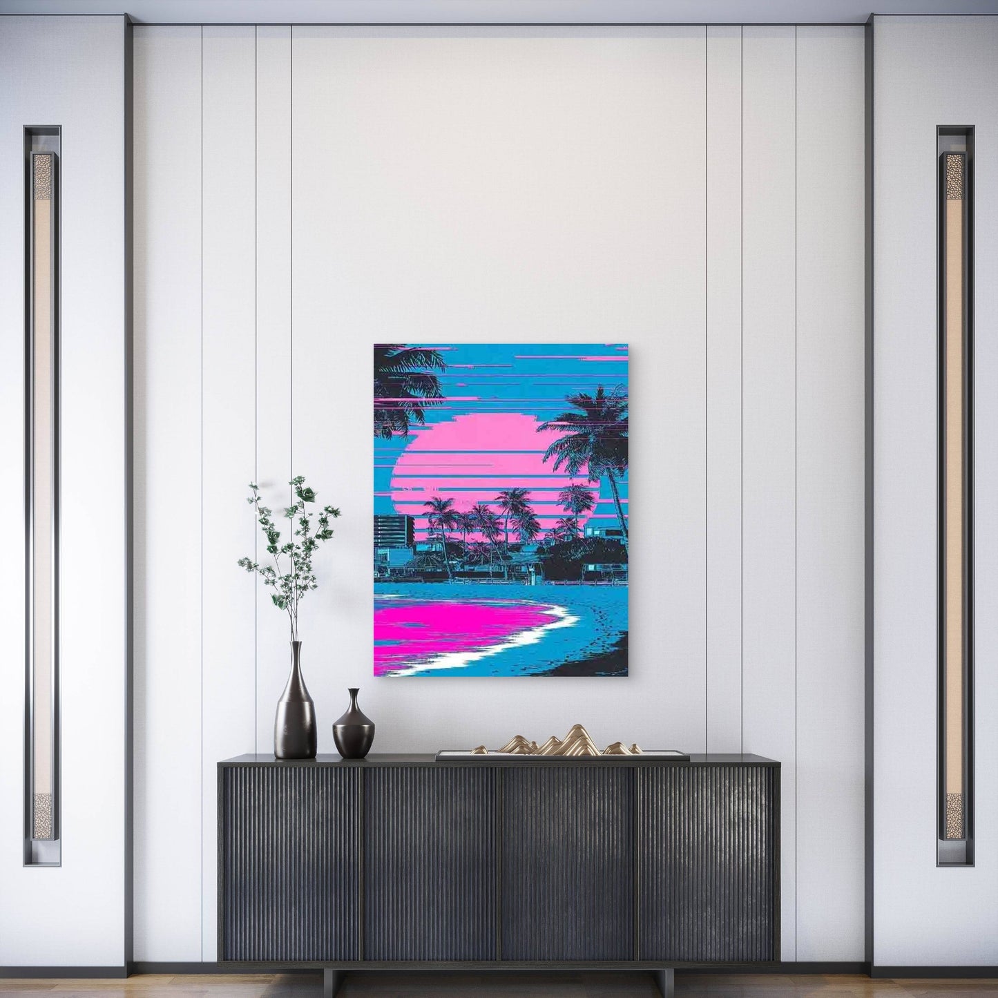 Vibrant Pink & Blue Palm Tree Sunset 60x90cm Metal Print Ready to Hang - Bella Home Decor