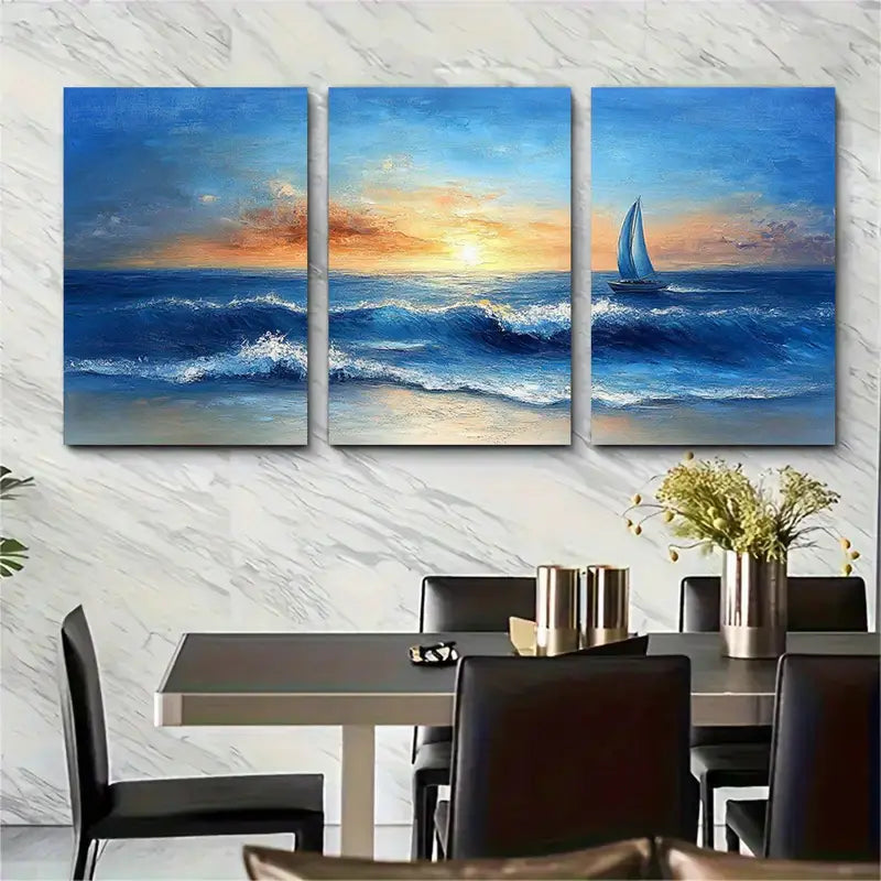 3pcs Ocean Waves & Sailboat Painting Metal Print Ready to Hang Art
