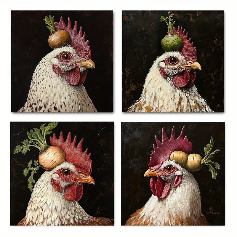 4pcs farm chickens with fruits and vegetables Wall Art Canvas Framed