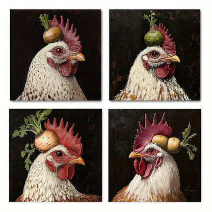 4pcs farm chickens with fruits and vegetables Wall Art Canvas Framed