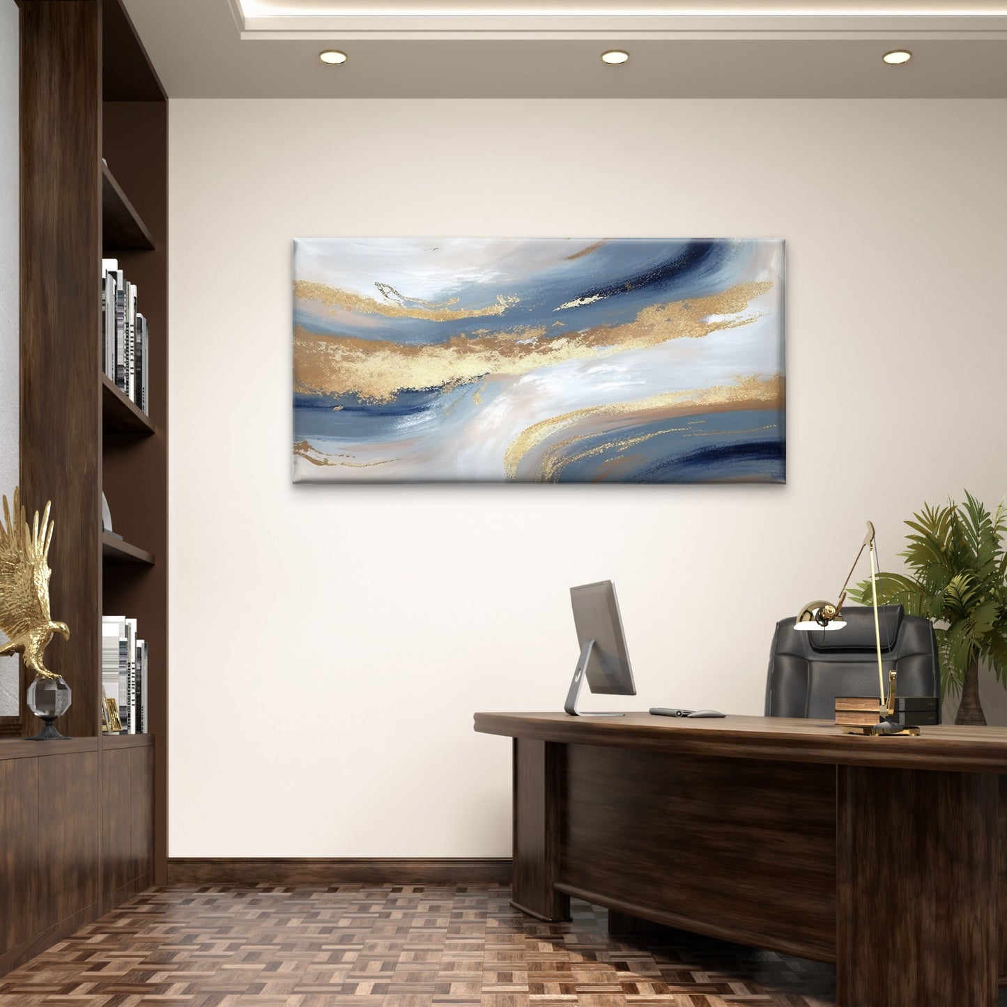 Abstract Blue Fluid Gold Swirl Wall Art Canvas Office Home Framed 120x60cm
