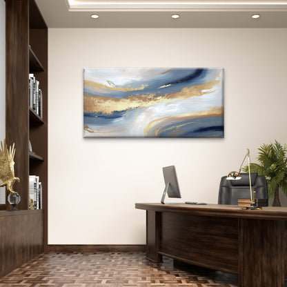 Abstract Blue Fluid Gold Swirl Wall Art Canvas Office Home Framed 120x60cm