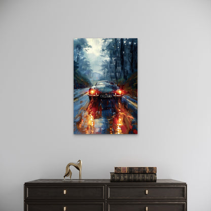 Vintage Sports Car Rainy Road Taillights 40x60cm Metal Print Ready to Hang