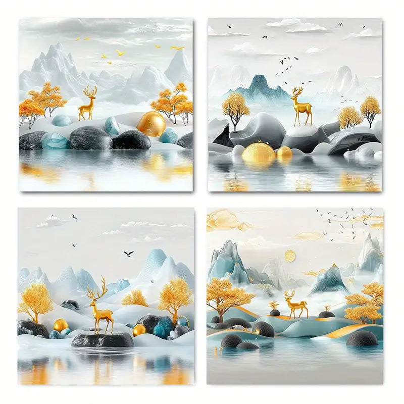 4pcs  Mountain Sun fog reindeer Wall Art Canvas Framed