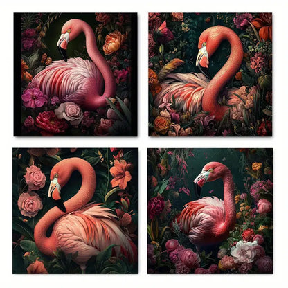 4pcs Flamingo & Floral  Classic Art Wall Art Canvas Framed