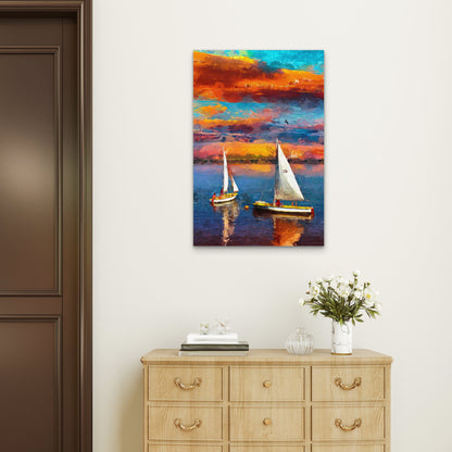 Scenic Oil Painting Sunset Sailboat Ocean 40x60cm Metal Print Ready to Hang