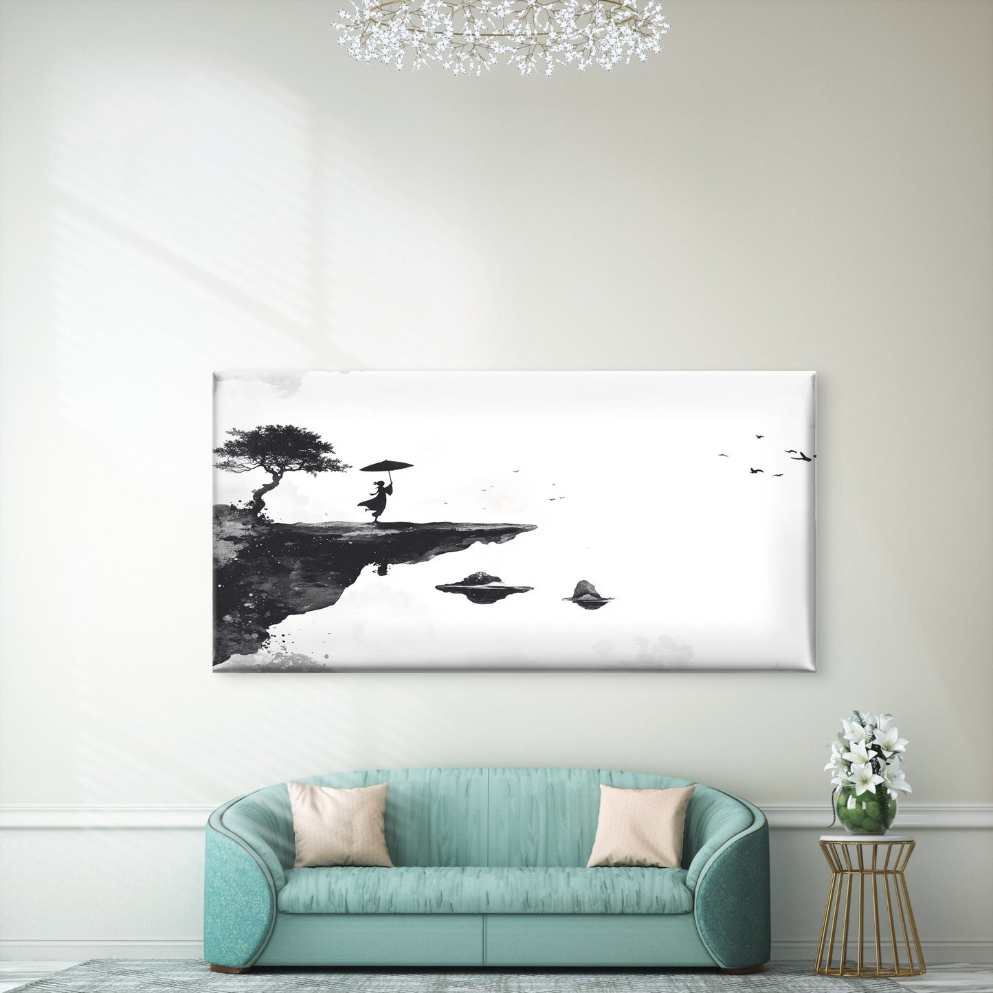 Zen Ink Cliffside Silhouette Wall Art Canvas Office Home Room Framed 120x60cm - Bella Home Decor