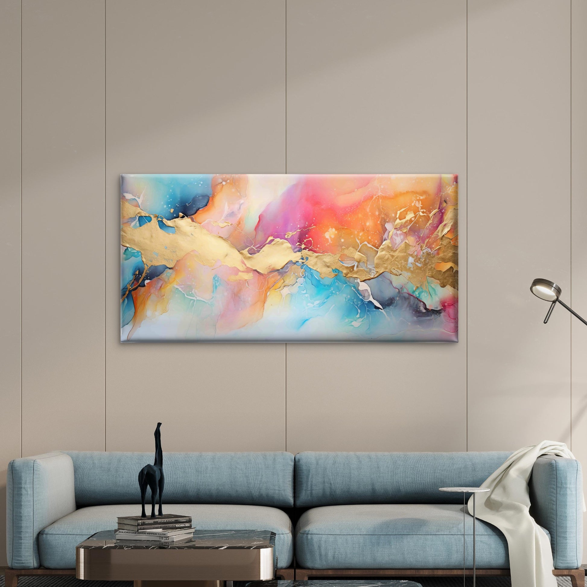 Golden Radiance Over Pastel Wall Art Canvas Office Home Room Framed 120x60cm - Bella Home Decor