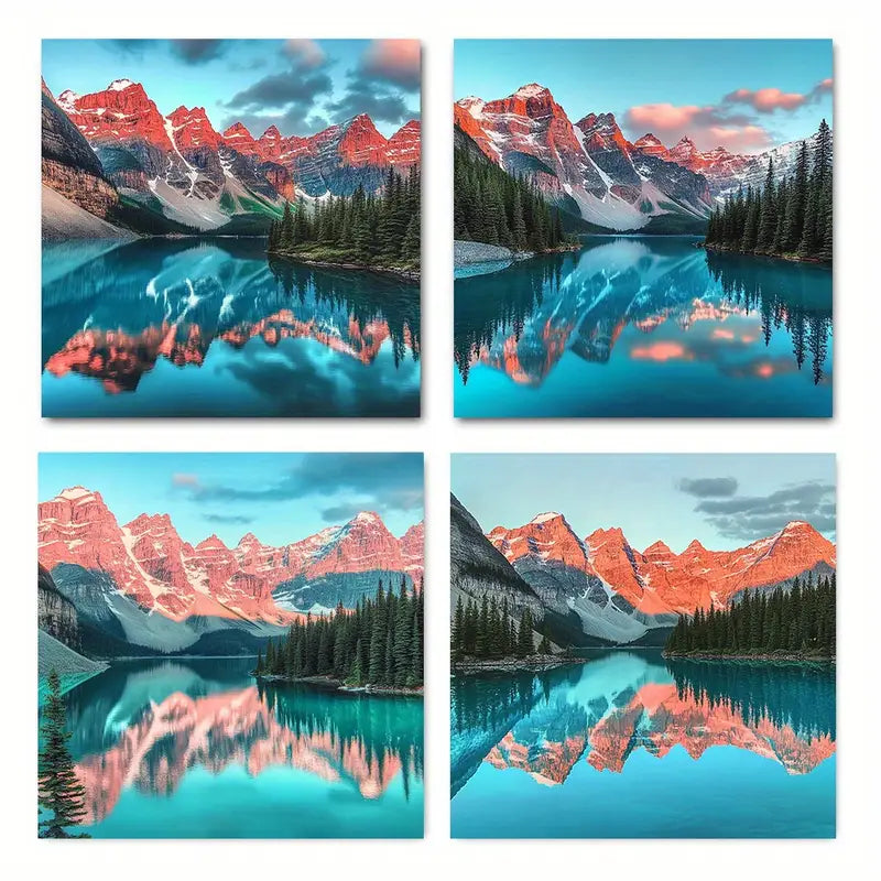 4pcs Mountain & Tree Landscape with Vibrant Suns Wall Art Canvas Framed