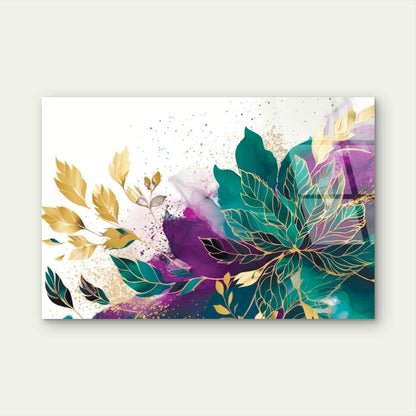 Abstract Emerald Purple Gold Floral Acrylic Glass Printing Wall Art Australian Made Quality