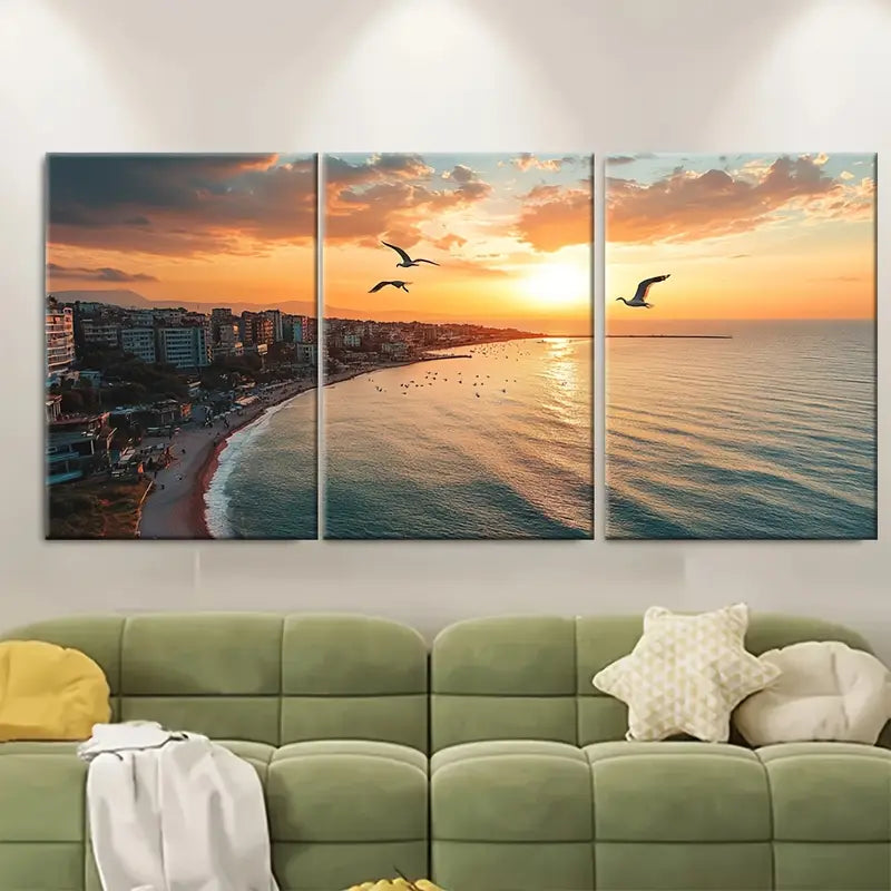 3pcs Sunset Beach Seagulls Coastal Scene Wall Art Set Canvas Framed 40x60cm - High Quality Print 100% Australian Made Wall Canvas Ready to Hang
