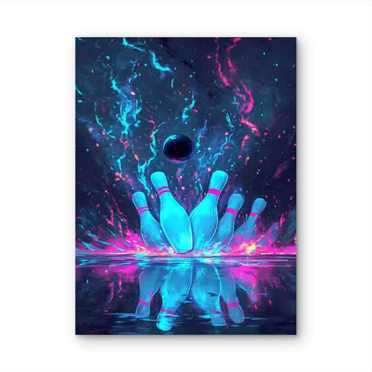 Bowling Art with Electric Blue & Pink Lightning Effects 60x90cm Metal Print Ready to Hang
