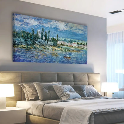 Serene River & Cityscape Scene Wall Art canvas office home room framed 120x60cm - Bella Home Decor