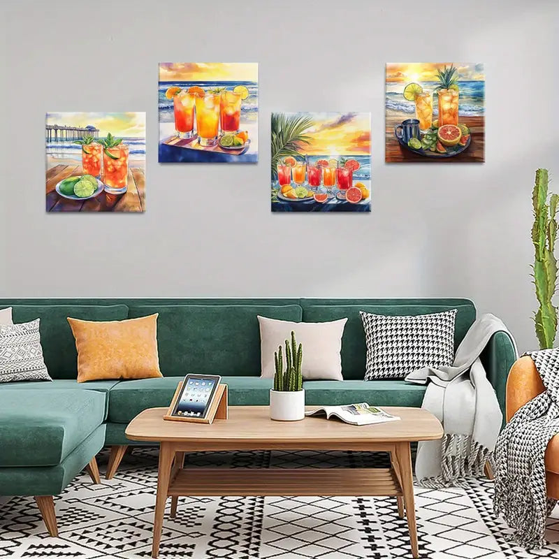 4pcs Tropical Drinks Canvas Printt Wall Art Canvas Framed
