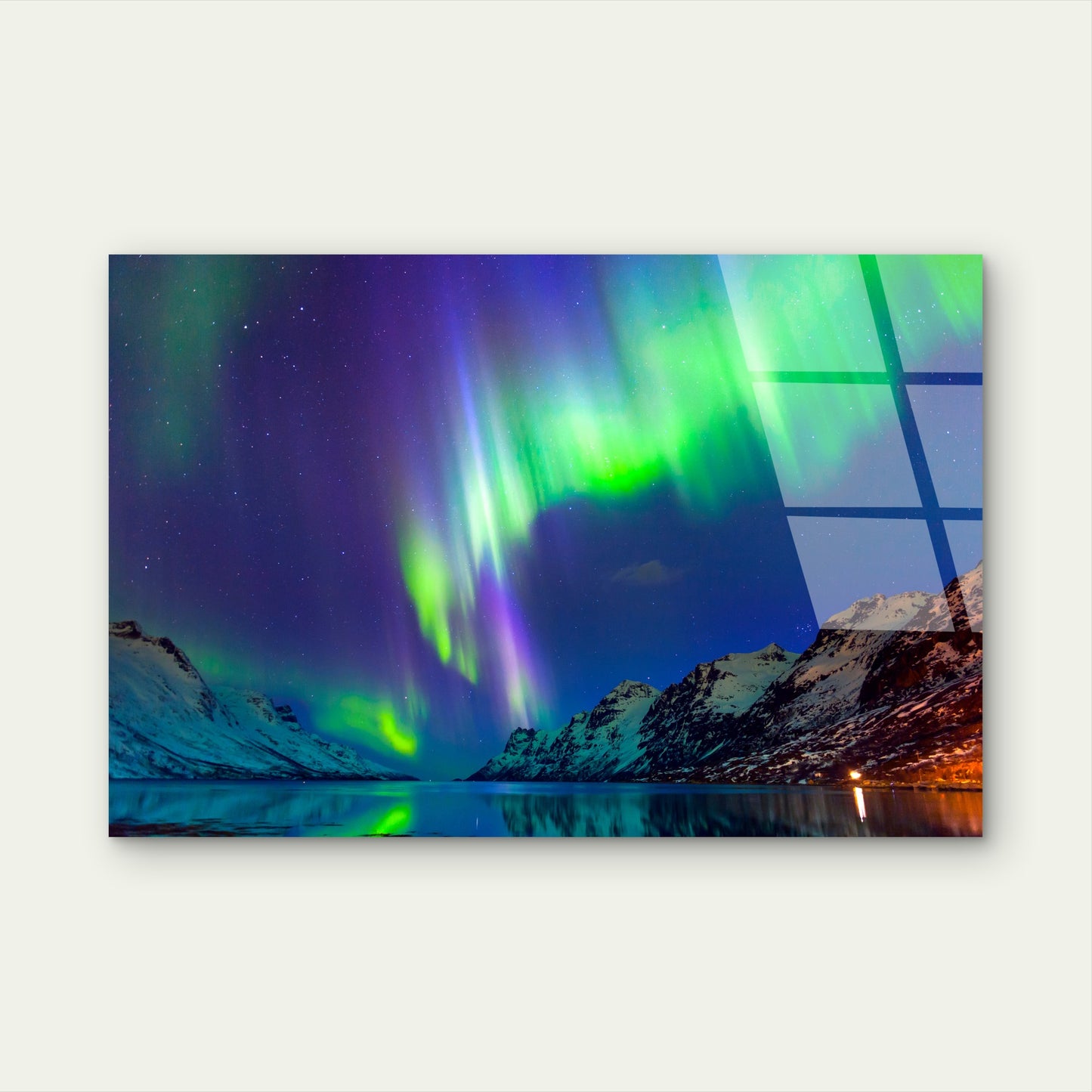 Green Northern Lights Aurora Borealis Over Snowy Mountains Acrylic Glass Printing Wall Art Australian Made Quality