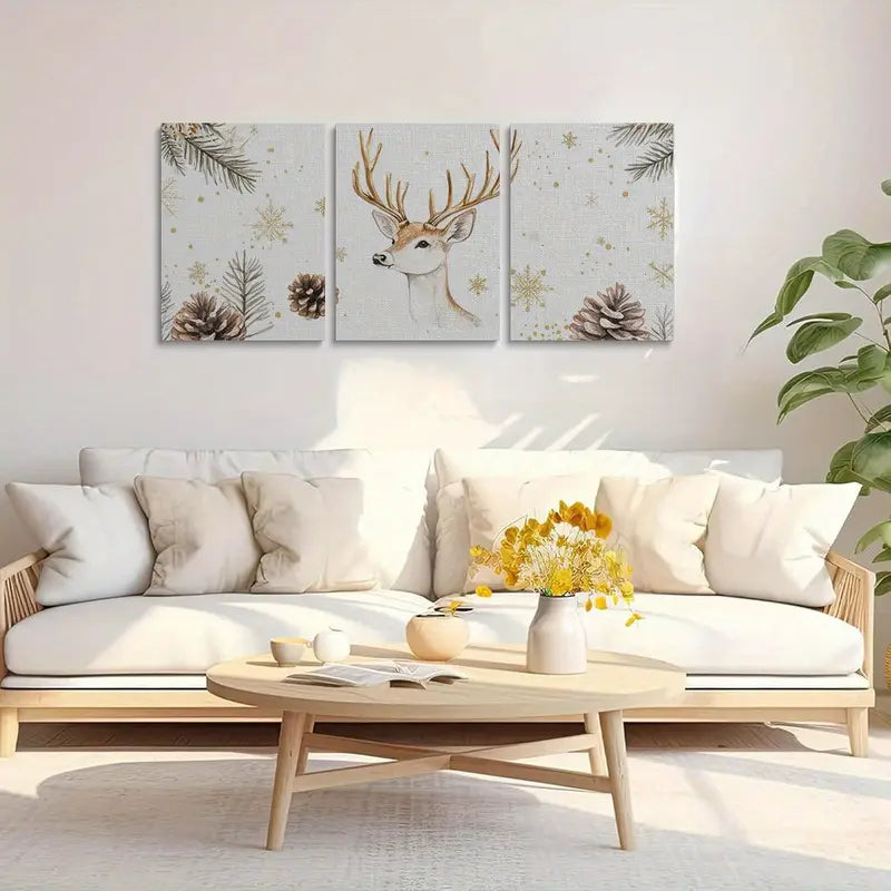 3pcs Golden Antlers & Pine Cones Simple Design Metal Print Ready to Hang Art