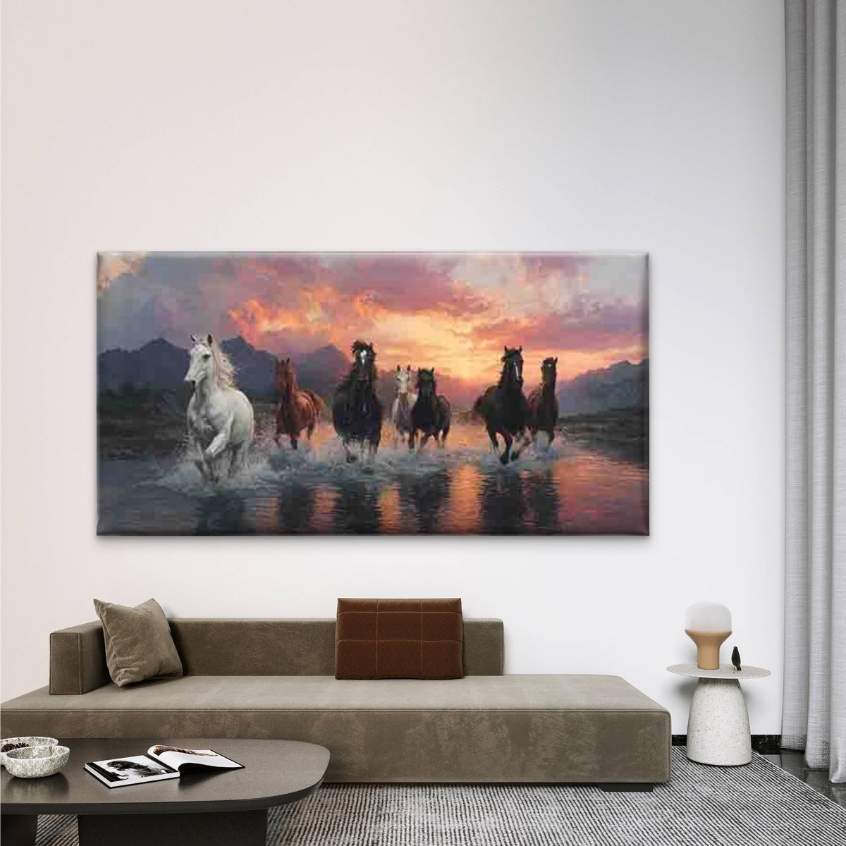 Six Horses Galloping at Sunset Wall Art Canvas Office Home Room Framed 120x60cm