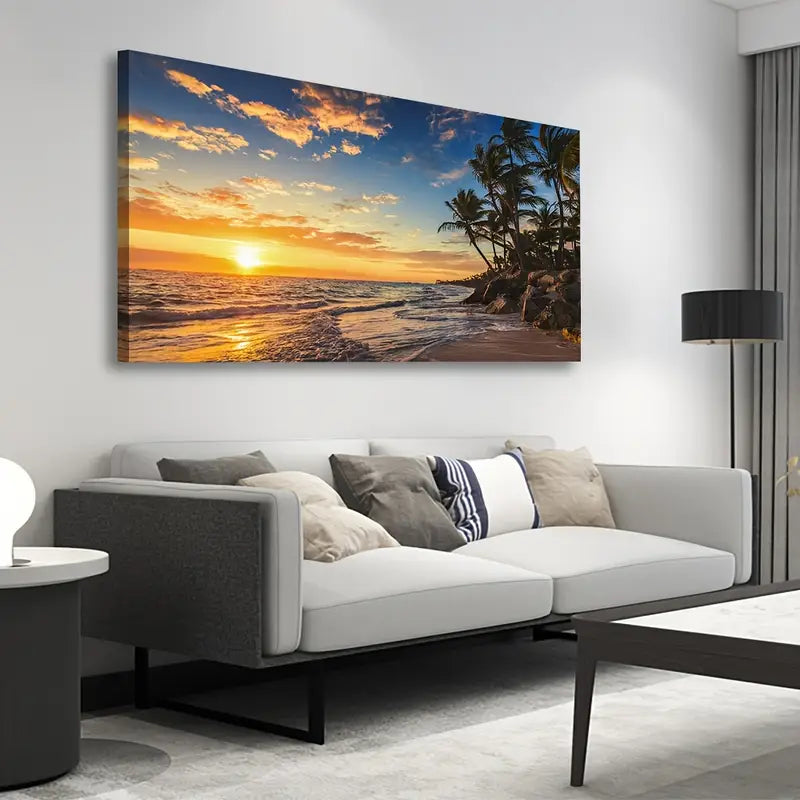 Tropical Sunset Beach Palm Trees Ocean Waves & Sandy Wall Art canvas office home room framed 120x60cm - Bella Home Decor