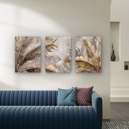 3pcs Abstract Gold Beige Banana Leaves Wall Art Set Canvas Framed 50x70cm - High Quality Print 100% Australian Made Wall Canvas Ready to Hang - Bella Home Decor