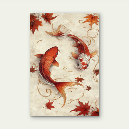 Elegant Koi Fish With Autumn Leaves Background 40x60cm Metal Print Ready to Hang
