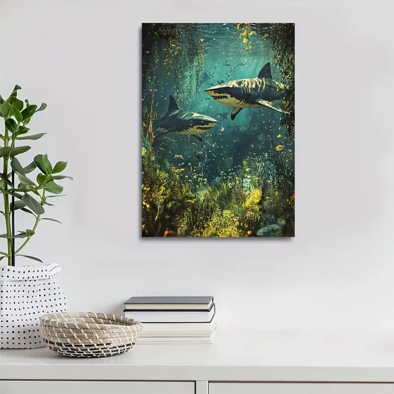 Steampunk Shark Scene With Mystical Aura 40x60cm Metal Print Ready to Hang - Bella Home Decor