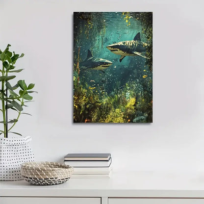 Steampunk Shark Scene With Mystical Aura 40x60cm Metal Print Ready to Hang - Bella Home Decor