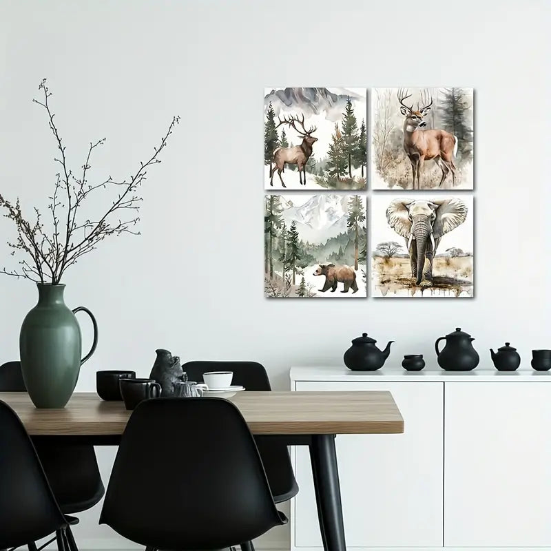 4pcs Deer Bear Elephant Picture Wall Art Canvas Framed - Bella Home Decor