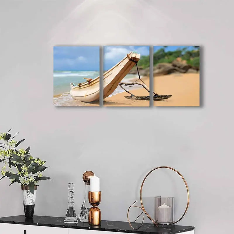 3pcs Modern Fishing Boats On Empty Beach  Metal Print Ready to Hang Art