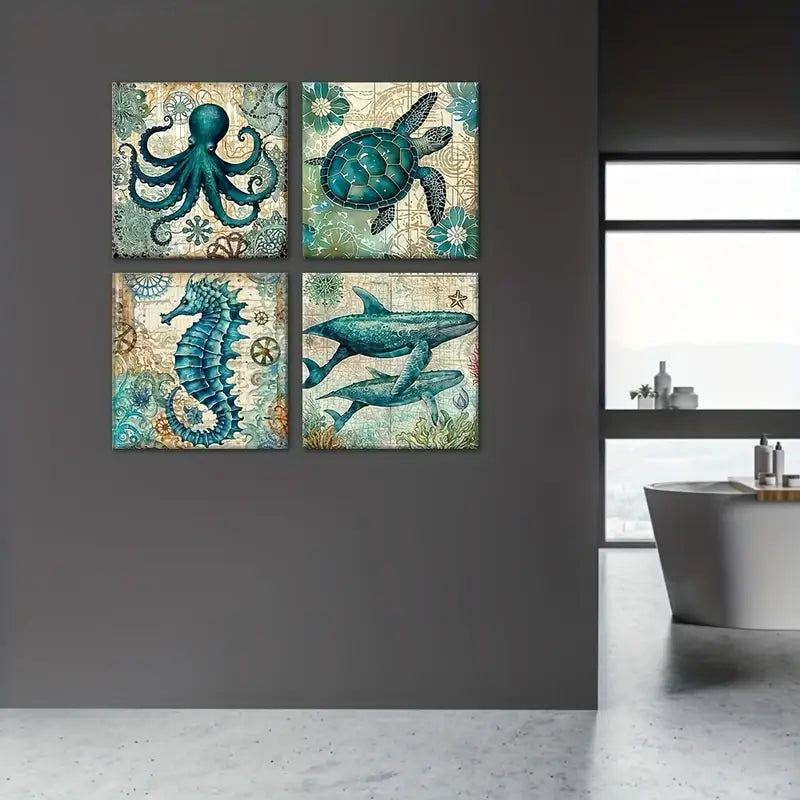 4pcs turtles octopus sea horses whale  Wall Art Canvas Framed - Bella Home Decor