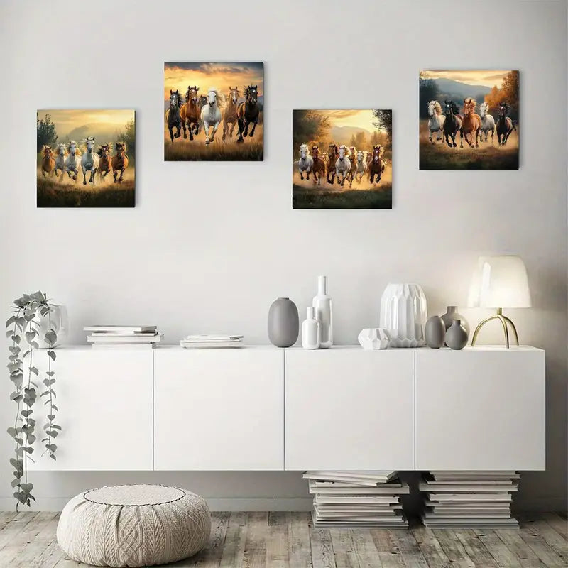 4pcs Sunset Seven Lucky Horse Canvas Wall Art Canvas Framed