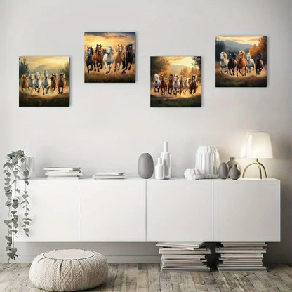 4pcs Sunset Seven Lucky Horse Canvas Wall Art Canvas Framed