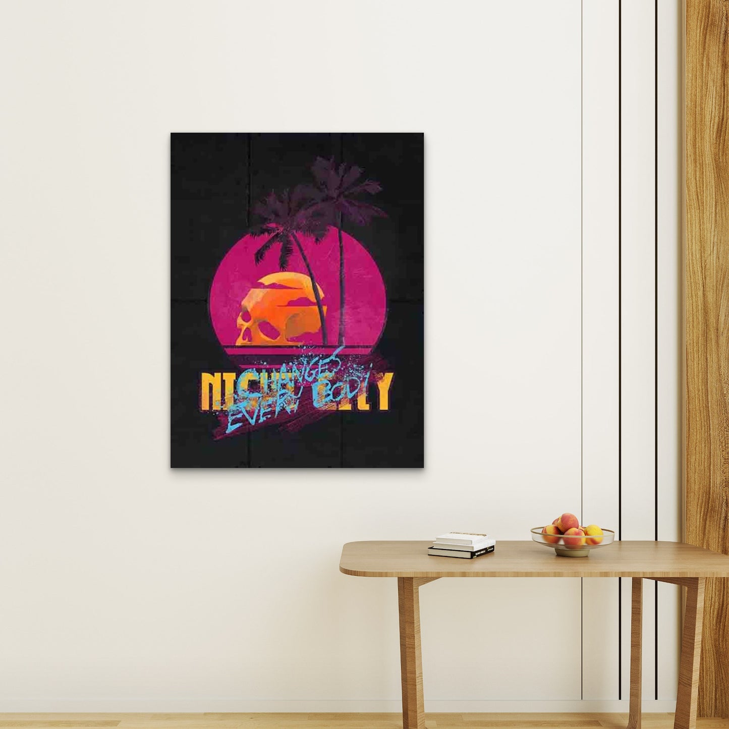 Pink & Purple Palm Tree Sunset with Neon Skull Metal Print Ready to Hang