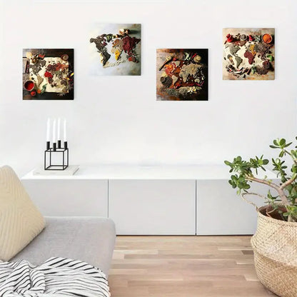 4pcs Spice Map Design Wall Art Canvas Framed