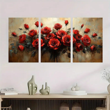 3pcs Red Rose Bouquet Canvas Metal Print Ready to Hang Art