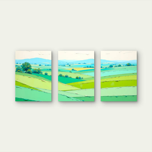 3pcs Abstract Green Textured Rolling Hills Wall Art Set Canvas Framed 50x70cm - High Quality Print 100% Australian Made Wall Canvas Ready to Hang