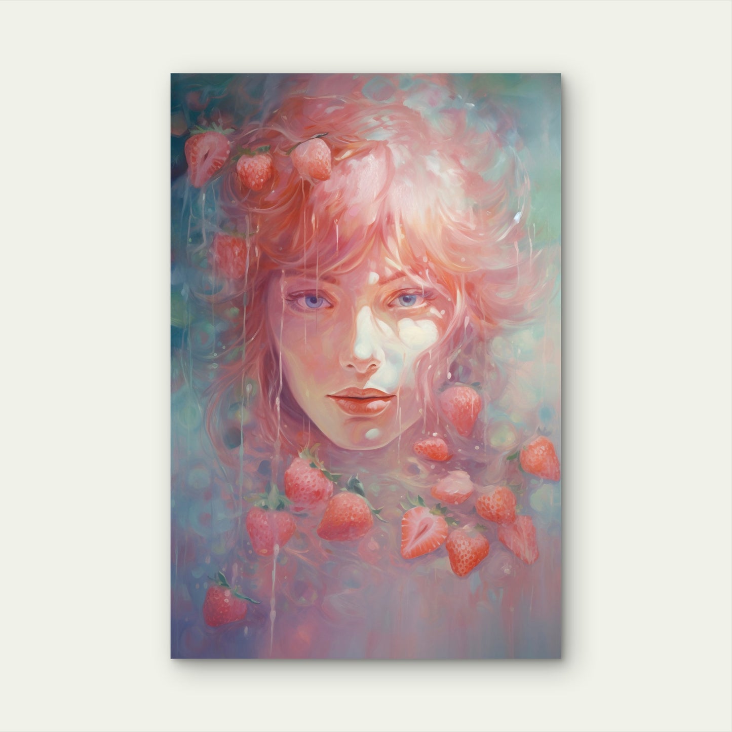 Digital Woman Portrait With Strawberries 40x60cm Metal Print Ready to Hang