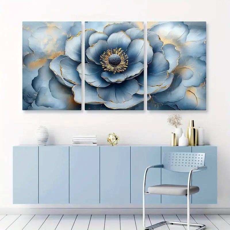 3pcs Blue Wild Rose Canvas Metal Print Ready to Hang Art - Bella Home Decor