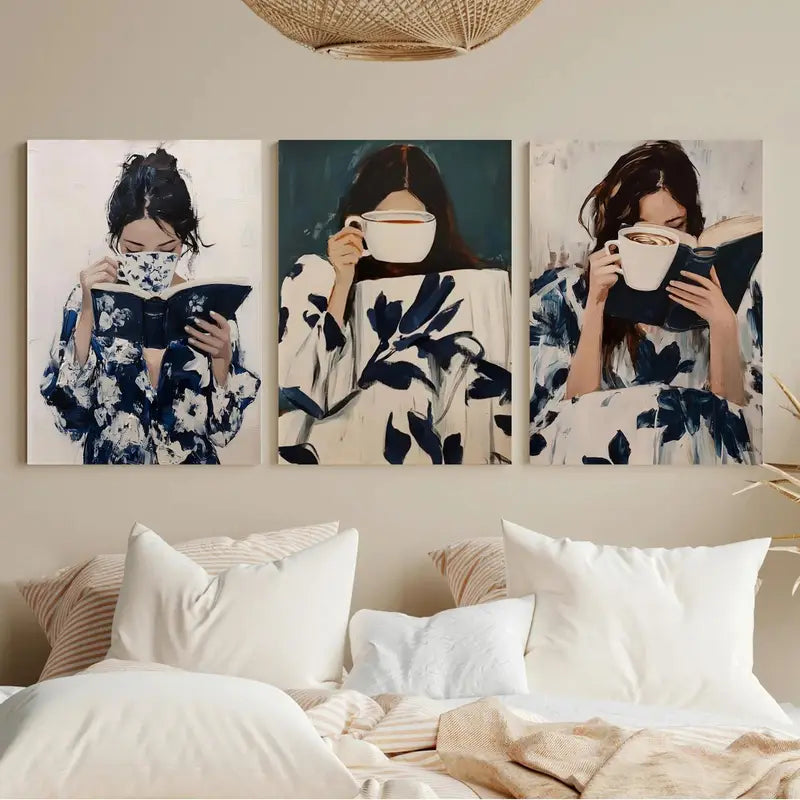 3pcs Girl Reading Book With Coffee Metal Print Ready to Hang Art - Bella Home Decor