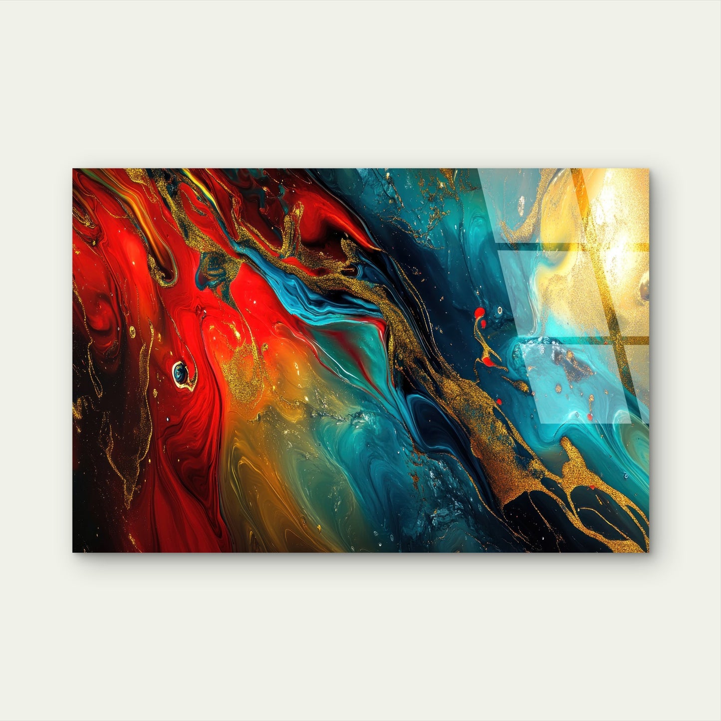 Luxury Teal Red Gold Fluid Ink Abstract Acrylic Glass Printing Wall Art Australian Made Quality