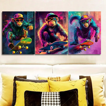 3pcs Monkey Skateboarding Triptych Metal Print Ready to Hang Art