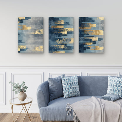 3pcs Modern Luxury Navy Blue Gold Abstract  Wall Art Set Canvas Framed 40x60cm - High Quality Print 100% Australian Made Wall Canvas Ready to Hang
