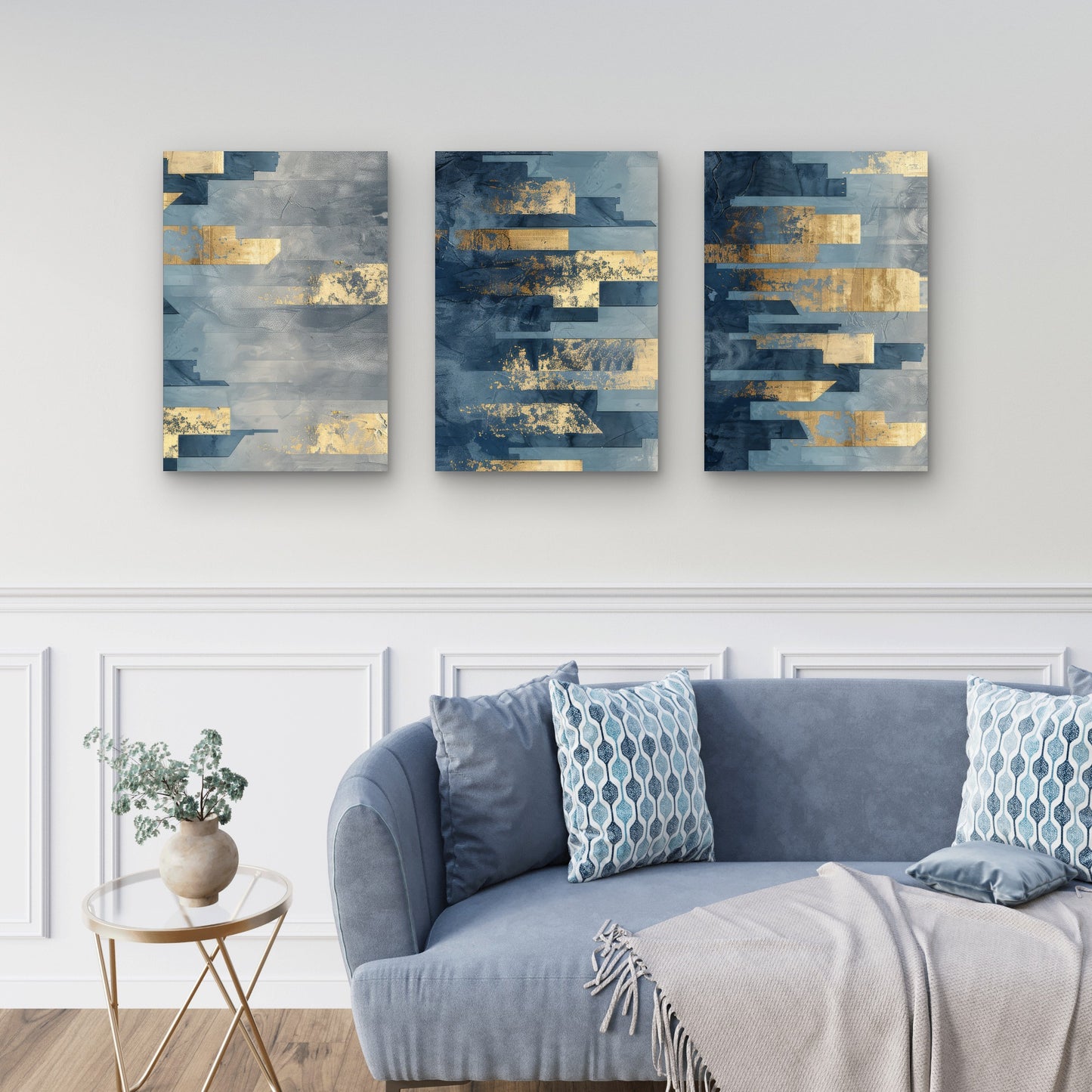 3pcs Modern Luxury Navy Blue Gold Abstract Wall Art Set Canvas Framed 60x90cm - High Quality Print 100% Australian Made Wall Canvas Ready to Hang
