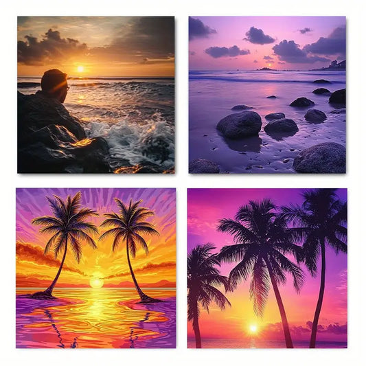 4pcs Beach Ocean sunrise Palm tree Wall Art Canvas Framed