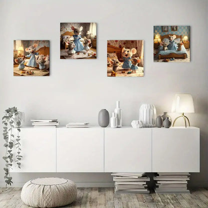4pcs Whimsical Mouse In Blue Dress Wall Art Canvas Framed