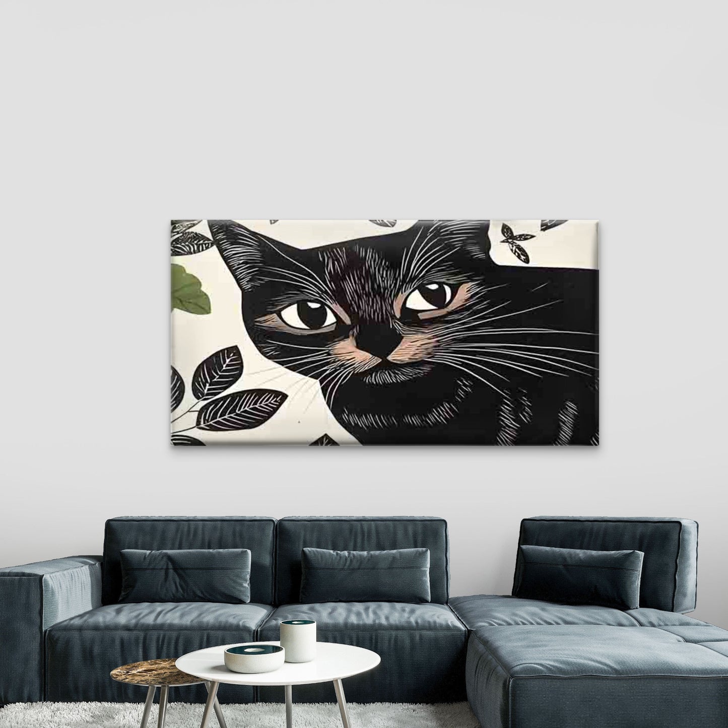 Black Cat And Leaf Pattern Wall Art Canvas Office Home Room Framed 120x60cm - Bella Home Decor