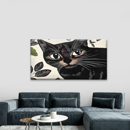 Black Cat And Leaf Pattern Wall Art Canvas Office Home Room Framed 120x60cm - Bella Home Decor