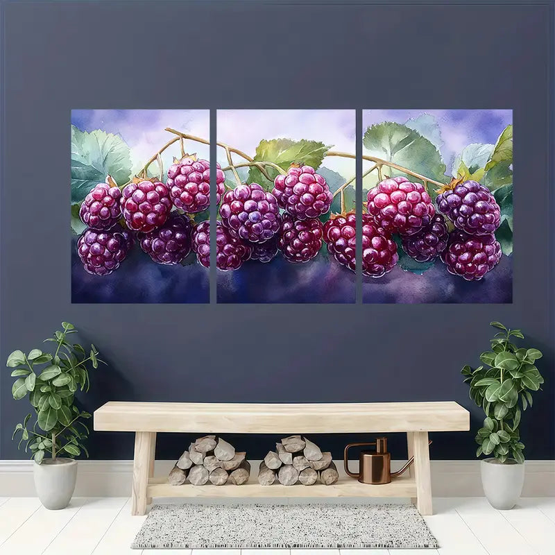 3pcs  Blackberry Watercolor Painting  Metal Print Ready to Hang Art - Bella Home Decor