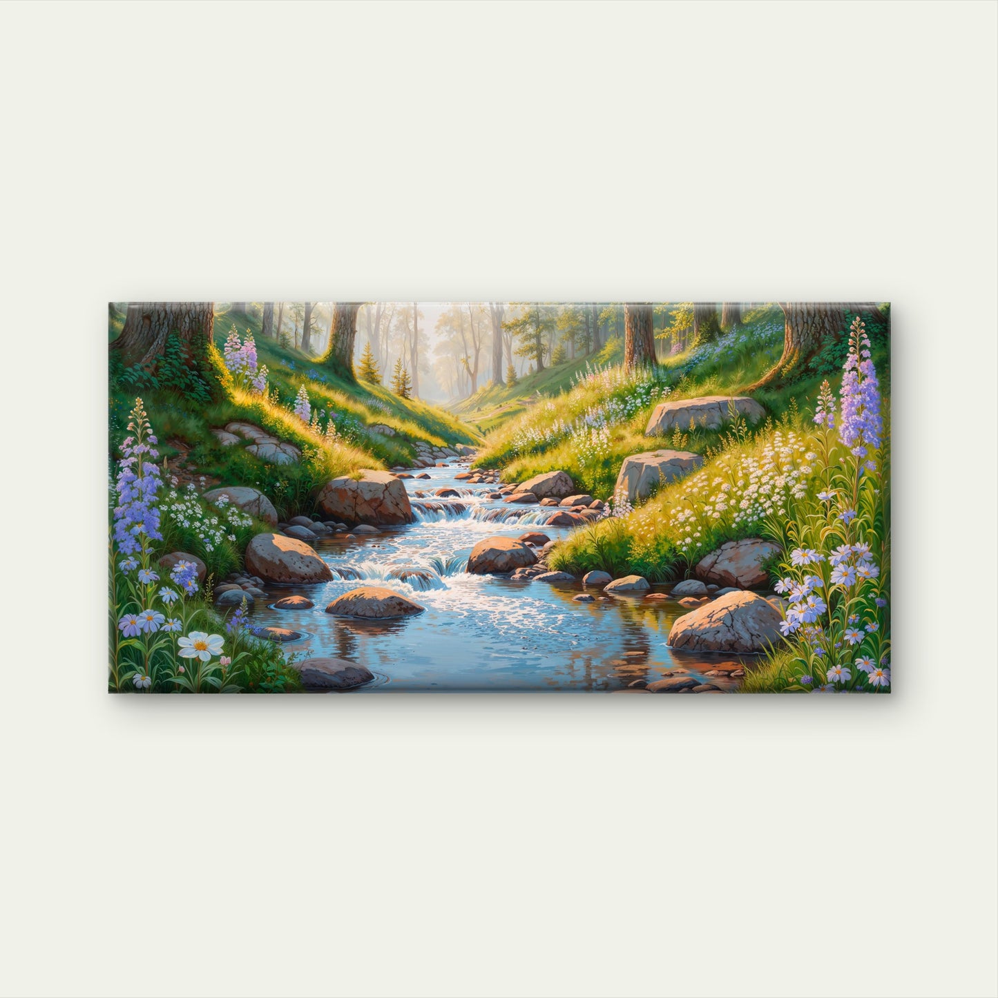 Lush Valley Stream With Wildflowers And Sunlit Rocks Landscape Wall Art Canvas Office Home Room Framed 120x60cm