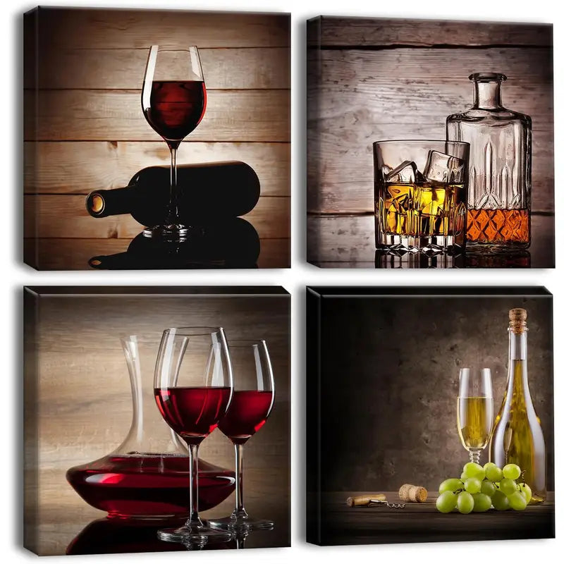 4pcs Wine Glass & Bottel  Wall Art Canvas Framed